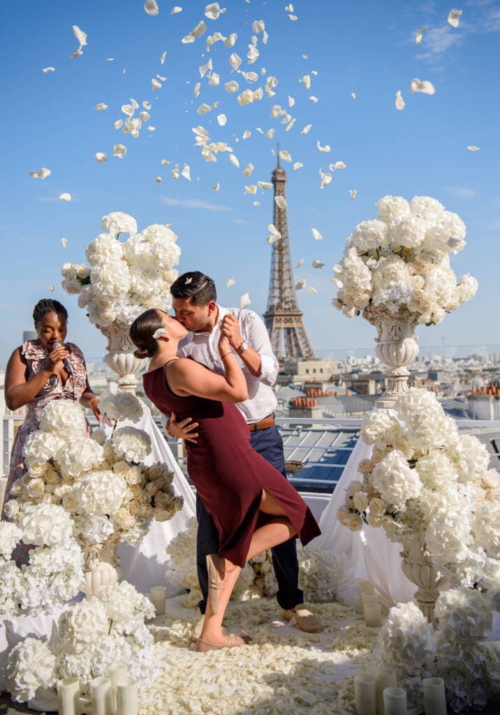 Luxury proposal in Paris with floral decor and Eiffel Tower view by Paris proposal planner
